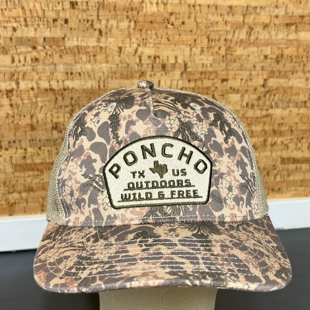 Poncho Outdoors Wild & Free Trucker Hat Mens Tan Camo Mesh‎ Snapback Cap Texas